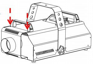 Line drawing of MSS Fire Trainer 301 smoke machine with arrows showing where the Trainer Ducting Kit bracket attaches to the front of the unit.