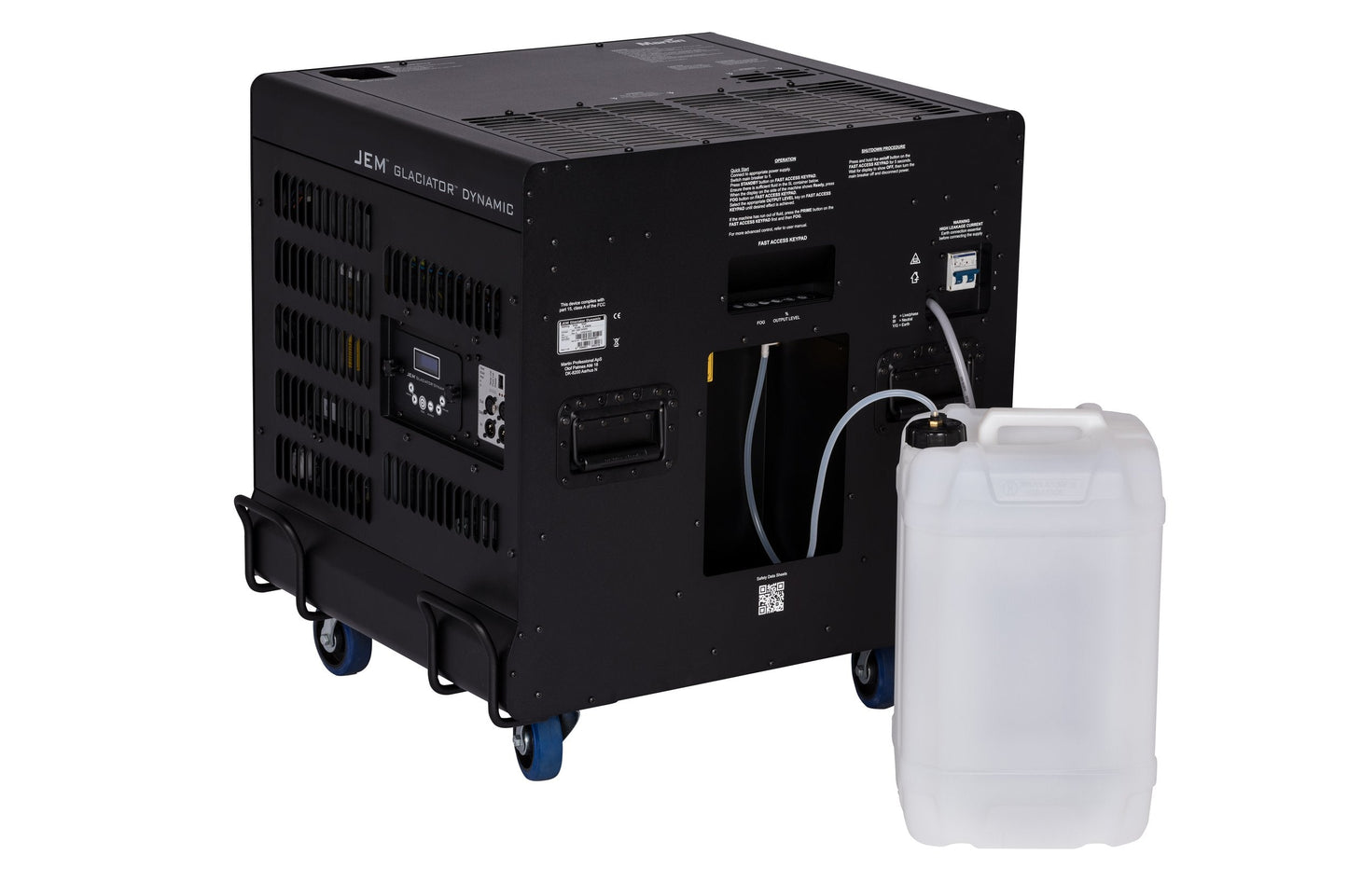 JEM external fluid reservoir accessory for Glaciator Dynamic, Compact Hazer, Hazer Pro, and ZR range, showing black unit with blue caster wheels and connected 25L opaque HDPE container.