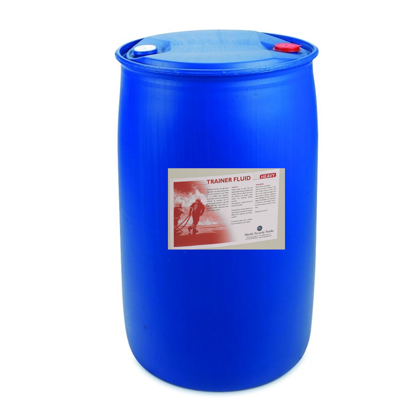 220 litre blue plastic drum with red and white caps and red label reading Trainer Fluid, MSS Fire Trainer Smoke Fluid.