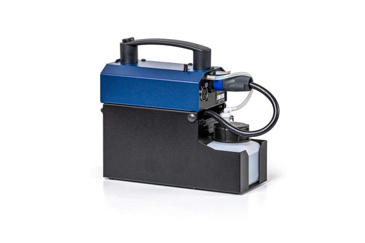The POWER-TINY Hand Held Small Fog Generator by Look Solutions is a compact, portable fog machine with a blue top handle, black base, and transparent container—delivering powerful, flexible fog output against a white background.
