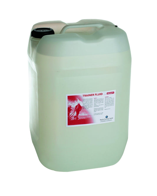 25 litre clear plastic container with black cap and red label reading Trainer Fluid, MSS Fire Trainer Smoke Fluid.