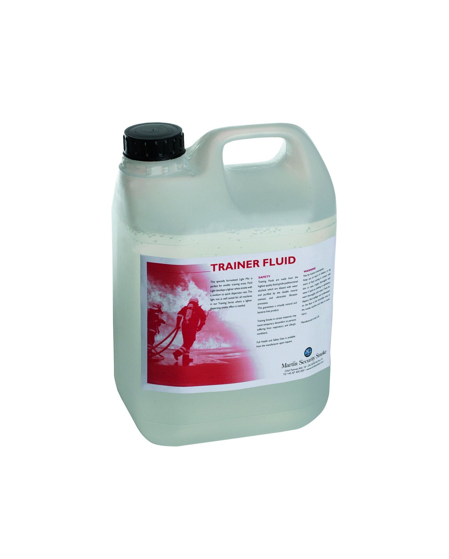 5 litre clear plastic container with black cap and red label reading Trainer Fluid, MSS Fire Trainer Medium Smoke Fluid.
