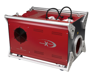 Large red and black MSS Trainer X-Stream smoke machine with silver protective frame, built-in fan, and fluid tanks visible on top.