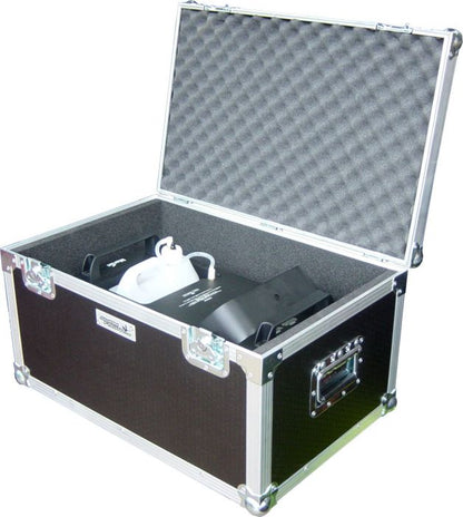 Black protective flight case with foam lining, open to show MSS Trainer 501 smoke machine stored inside.