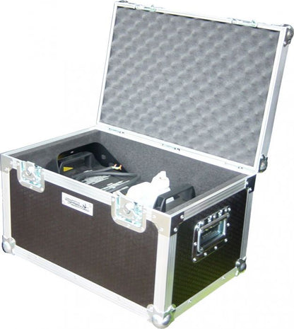 Black protective flight case with foam lining, open to show MSS Trainer 301 smoke machine stored inside.